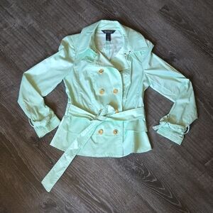 White House Black Market Light Green Trench Coat with Gold Buttons
